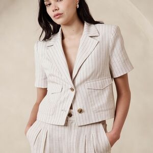 Banana Republic Jacket Women 14P Ivory Striped Blazer Cotton Linen Blend Cropped